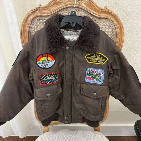 Boy’s Brown Bomber Jacket with Patches Aviator 6-8 - Picture 1 of 6